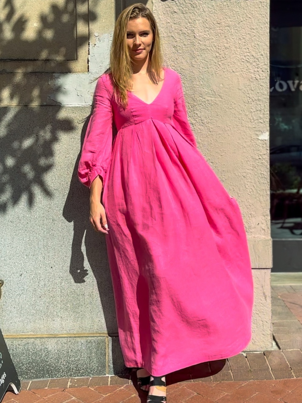 NWOT Women's Watermelon Linen Handmade V-Neck Long Sleeve Maxi Dress